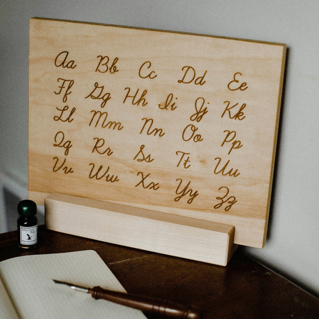 Wooden Alphabet Board with Engraved Cursive Uppercase & Lowercase